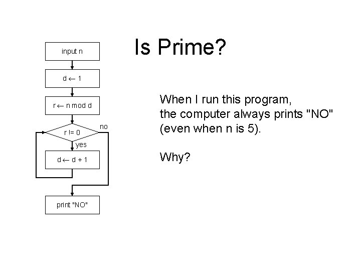 Is Prime? input n d 1 r n mod d r != 0 no