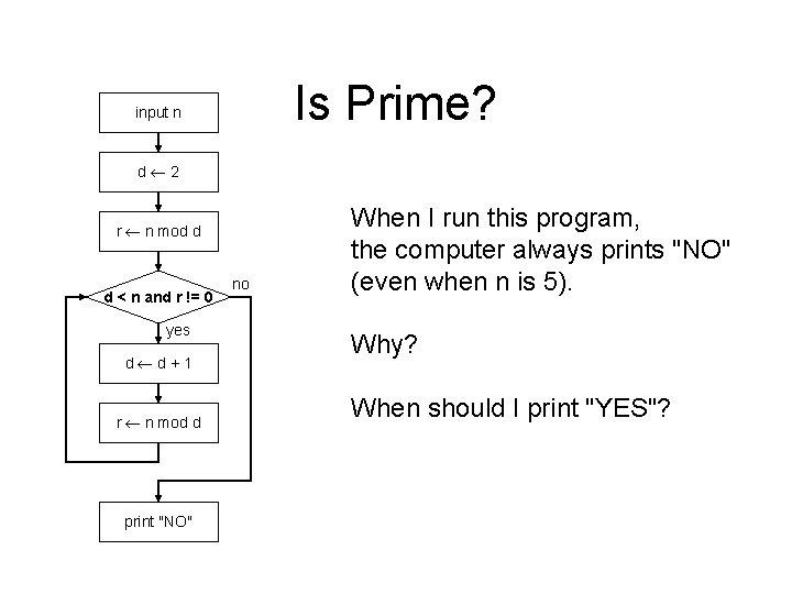 Is Prime? input n d 2 r n mod d d < n and