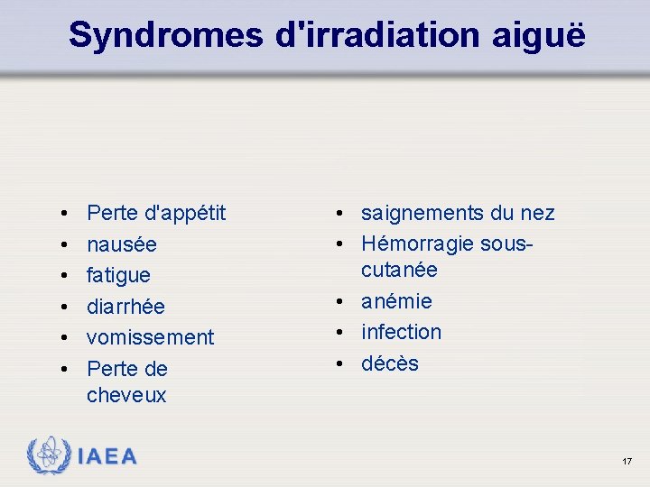 Syndromes d'irradiation aiguë • • • Perte d'appétit nausée fatigue diarrhée vomissement Perte de