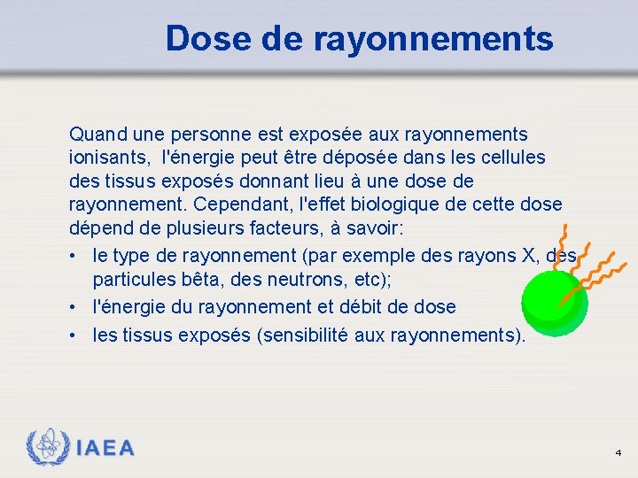 Dose de rayonnements Quand une personne est exposée aux rayonnements ionisants, l'énergie peut être