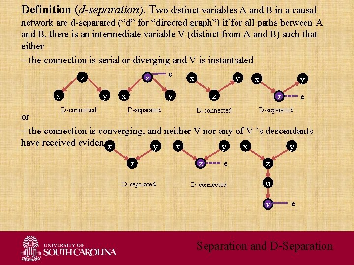 Definition (d-separation). Two distinct variables A and B in a causal network are d-separated