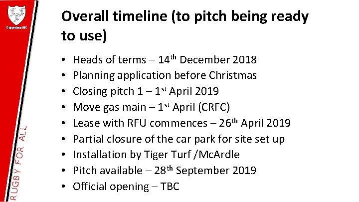 RU GB Y F OR A LL Overall timeline (to pitch being ready to