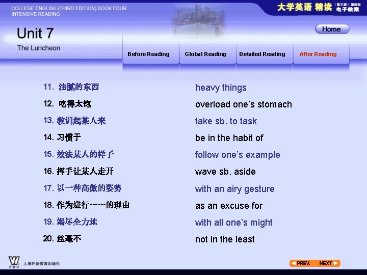 Before Reading Global Reading Detailed Reading 11. 油腻的东西 heavy things 12. 吃得太饱 overload one’s