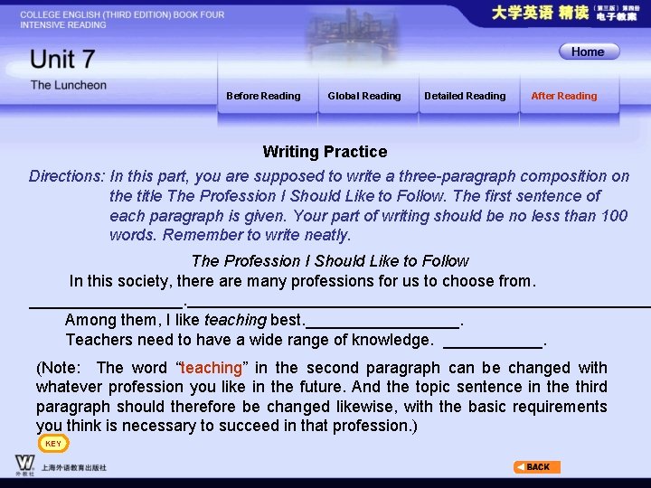 Before Reading Global Reading Detailed Reading After Reading Writing Practice Directions: In this part,