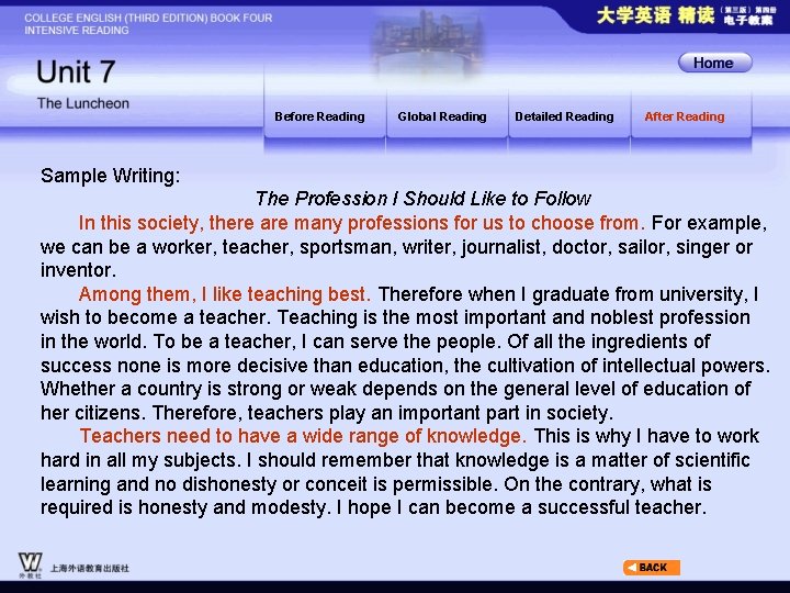 Before Reading Global Reading Detailed Reading After Reading Sample Writing: The Profession I Should