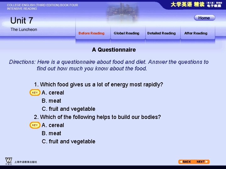 Before Reading Global Reading Detailed Reading After Reading A Questionnaire Directions: Here is a