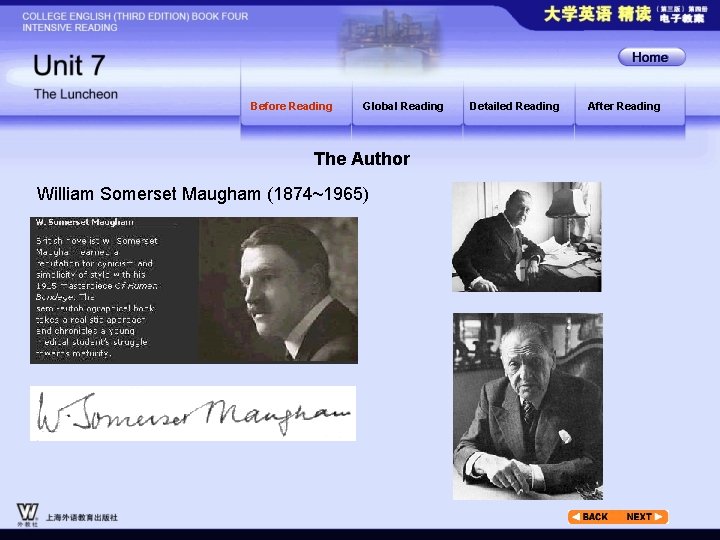 Before Reading Global Reading The Author William Somerset Maugham (1874~1965) Detailed Reading After Reading