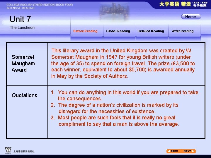 Before Reading Somerset Maugham Award Quotations Global Reading Detailed Reading After Reading This literary