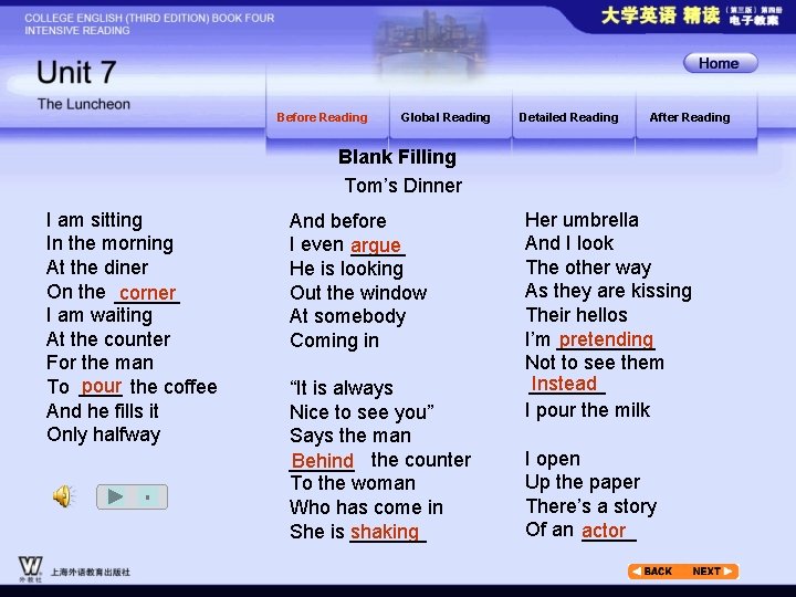 Before Reading Global Reading Detailed Reading After Reading Blank Filling Tom’s Dinner I am