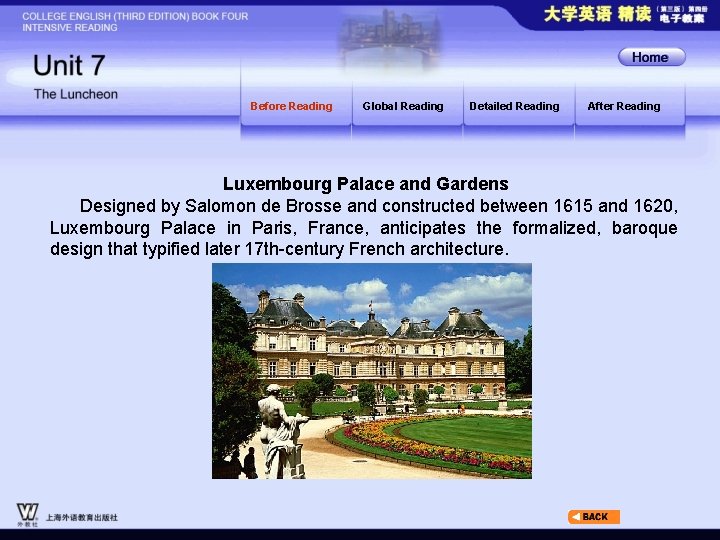 Before Reading Global Reading Detailed Reading After Reading Luxembourg Palace and Gardens Designed by