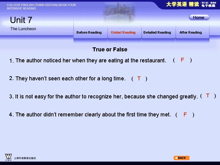 Before Reading Global Reading Detailed Reading After Reading True or False 1. The author