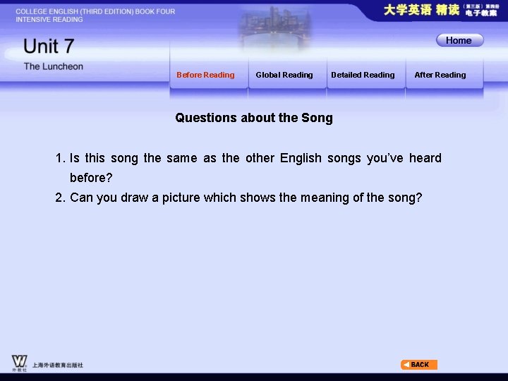 Before Reading Global Reading Detailed Reading After Reading Questions about the Song 1. Is