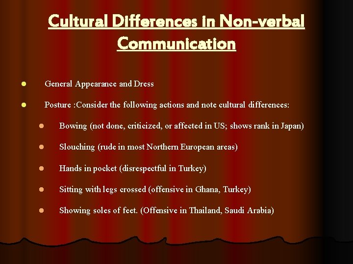 Cultural Differences in Non-verbal Communication l General Appearance and Dress l Posture : Consider