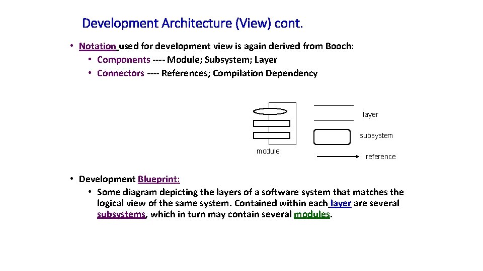 Development Architecture (View) cont. • Notation used for development view is again derived from