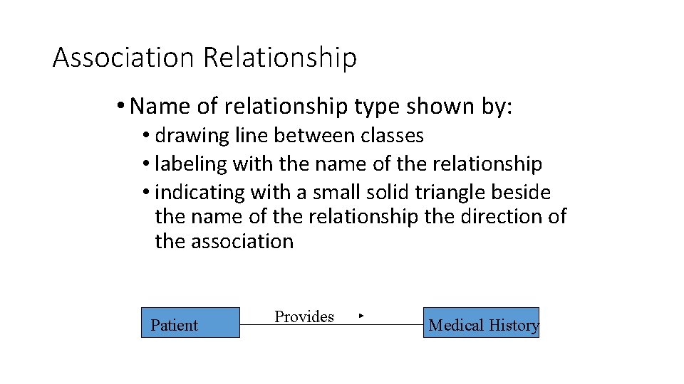 Association Relationship • Name of relationship type shown by: • drawing line between classes