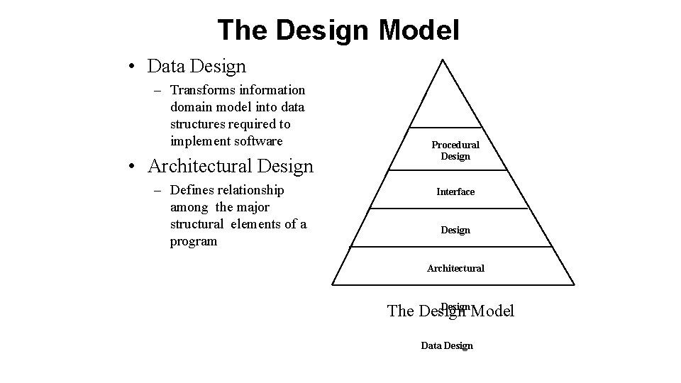 The Design Model • Data Design – Transforms information domain model into data structures