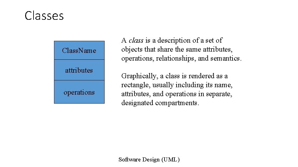 Classes Class. Name attributes operations A class is a description of a set of