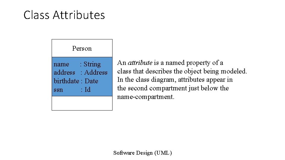 Class Attributes Person name : String address : Address birthdate : Date ssn :