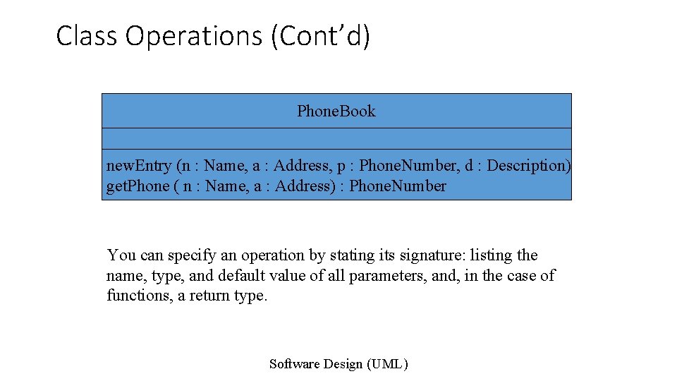 Class Operations (Cont’d) Phone. Book new. Entry (n : Name, a : Address, p