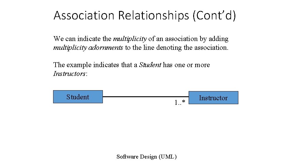 Association Relationships (Cont’d) We can indicate the multiplicity of an association by adding multiplicity