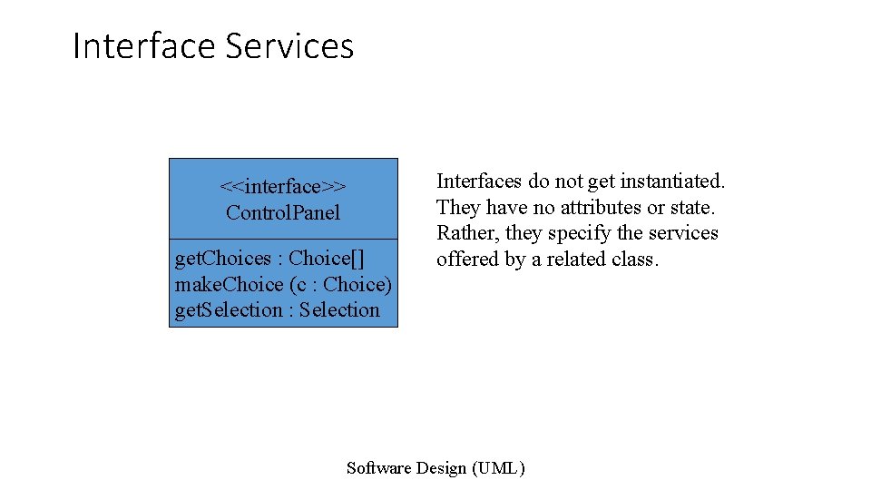 Interface Services <<interface>> Control. Panel get. Choices : Choice[] make. Choice (c : Choice)