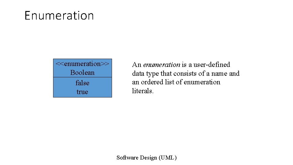 Enumeration <<enumeration>> Boolean false true An enumeration is a user-defined data type that consists