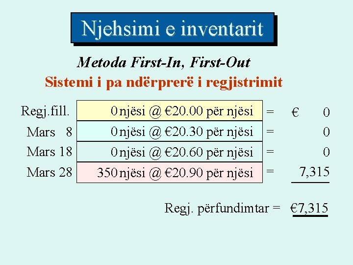Njehsimi e inventarit Metoda First-In, First-Out Sistemi i pa ndërprerë i regjistrimit Regj. fill. Njehsimi e inventarit Metoda First-In, First-Out Sistemi i pa ndërprerë i regjistrimit Regj. fill.