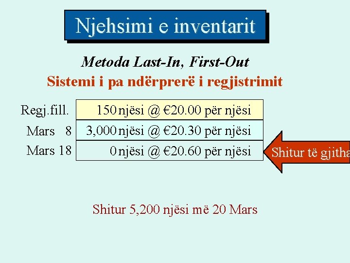 Njehsimi e inventarit Metoda Last-In, First-Out Sistemi i pa ndërprerë i regjistrimit Regj. fill. Njehsimi e inventarit Metoda Last-In, First-Out Sistemi i pa ndërprerë i regjistrimit Regj. fill.