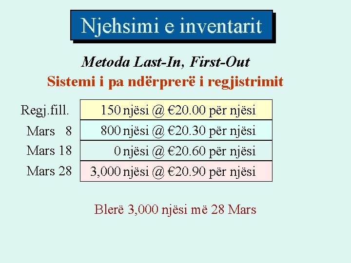 Njehsimi e inventarit Metoda Last-In, First-Out Sistemi i pa ndërprerë i regjistrimit Regj. fill. Njehsimi e inventarit Metoda Last-In, First-Out Sistemi i pa ndërprerë i regjistrimit Regj. fill.