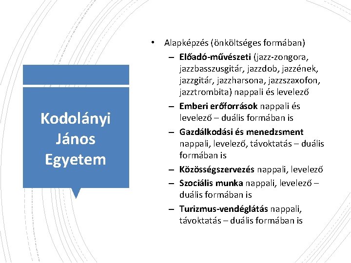 Kodolányi János Egyetem • Alapképzés (önköltséges formában) – Előadó-művészeti (jazz-zongora, jazzbasszusgitár, jazzdob, jazzének, jazzgitár,