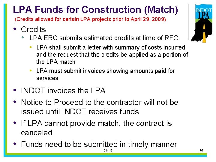 LPA Funds for Construction (Match) (Credits allowed for certain LPA projects prior to April