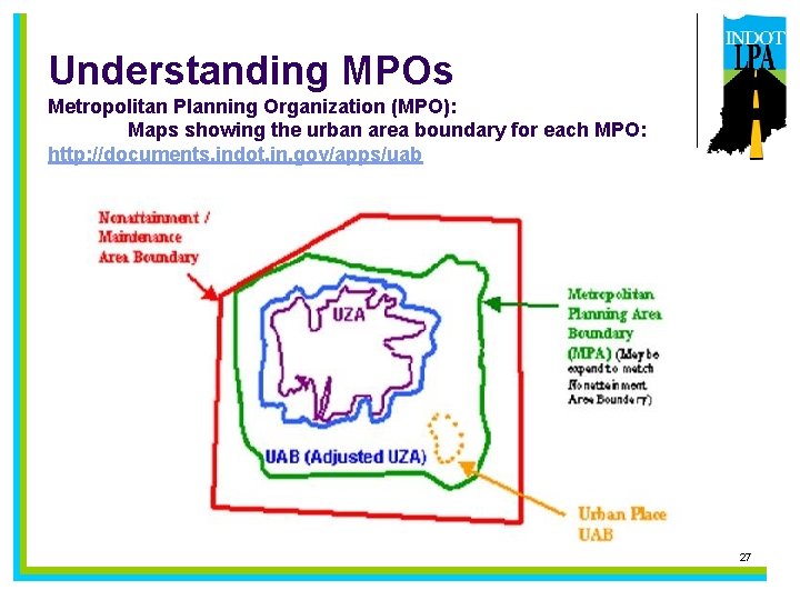 Understanding MPOs Metropolitan Planning Organization (MPO): Maps showing the urban area boundary for each