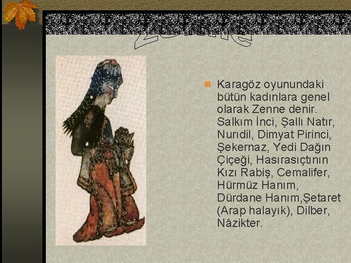 n Karagöz oyunundaki bütün kadınlara genel olarak Zenne denir. Salkım İnci, Şallı Natır, Nurıdil,