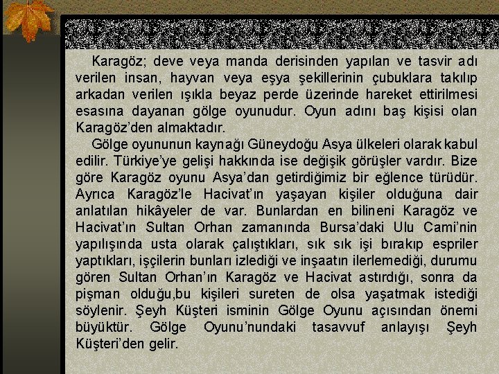 Karagöz; deve veya manda derisinden yapılan ve tasvir adı verilen insan, hayvan veya eşya