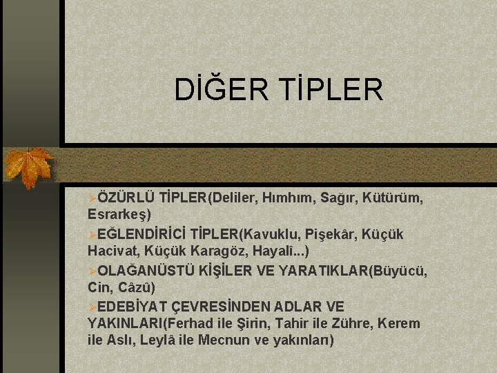 DİĞER TİPLER ØÖZÜRLÜ TİPLER(Deliler, Hımhım, Sağır, Kütürüm, Esrarkeş) ØEĞLENDİRİCİ TİPLER(Kavuklu, Pişekâr, Küçük Hacivat, Küçük