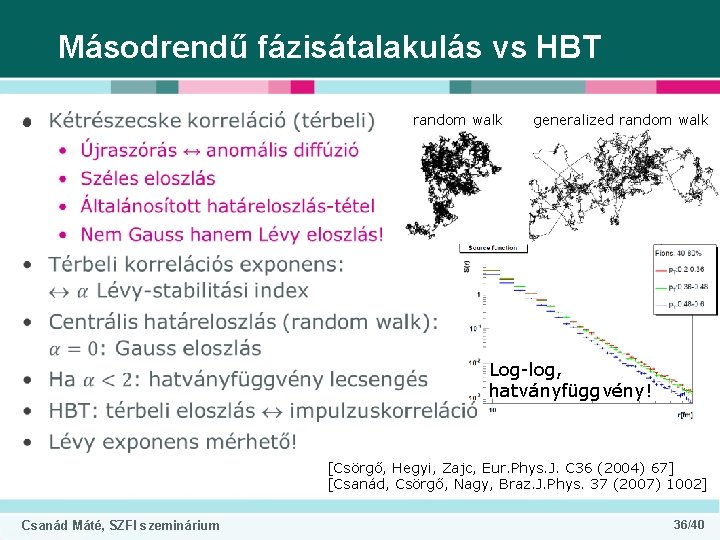 Másodrendű fázisátalakulás vs HBT • random walk generalized random walk Log-log, hatványfüggvény! [Csörgő, Hegyi,