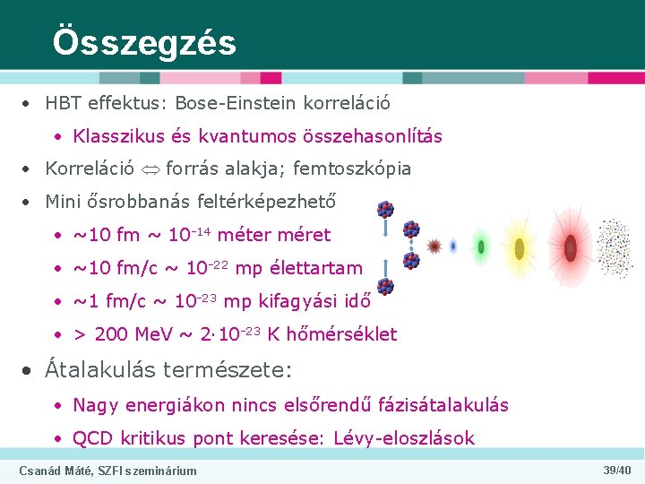 Összegzés • HBT effektus: Bose-Einstein korreláció • Klasszikus és kvantumos összehasonlítás • Korreláció forrás