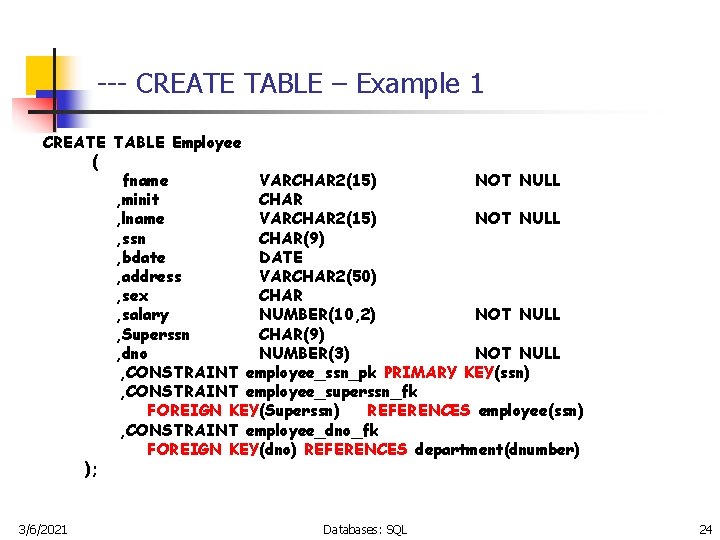 --- CREATE TABLE – Example 1 CREATE TABLE Employee ( fname VARCHAR 2(15) NOT