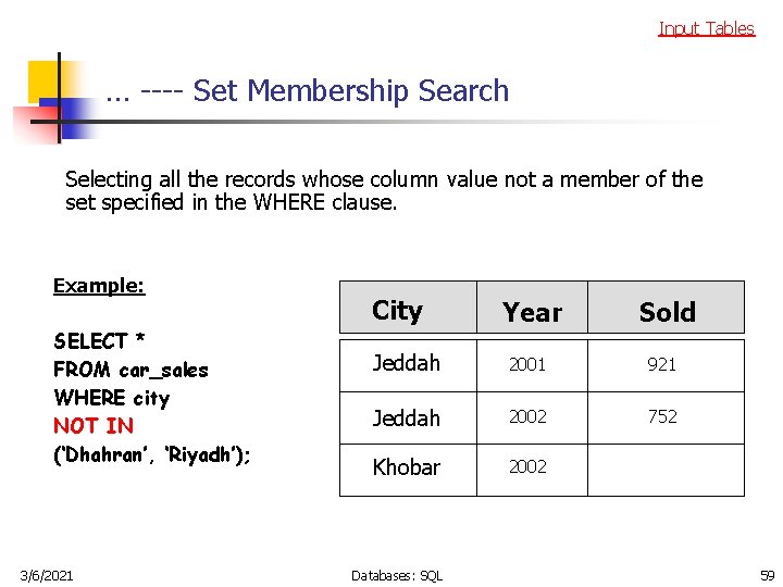 Input Tables … ---- Set Membership Search Selecting all the records whose column value