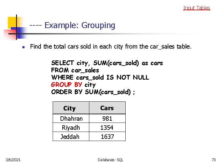 Input Tables ---- Example: Grouping n Find the total cars sold in each city
