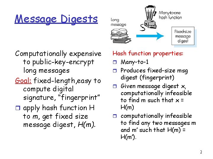 Message Digests Computationally expensive to public-key-encrypt long messages Goal: fixed-length, easy to compute digital