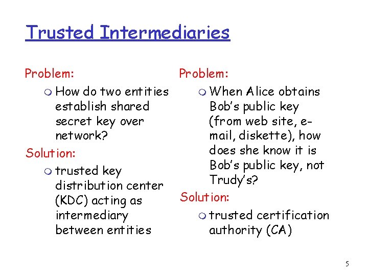 Trusted Intermediaries Problem: m How do two entities m When Alice obtains establish shared