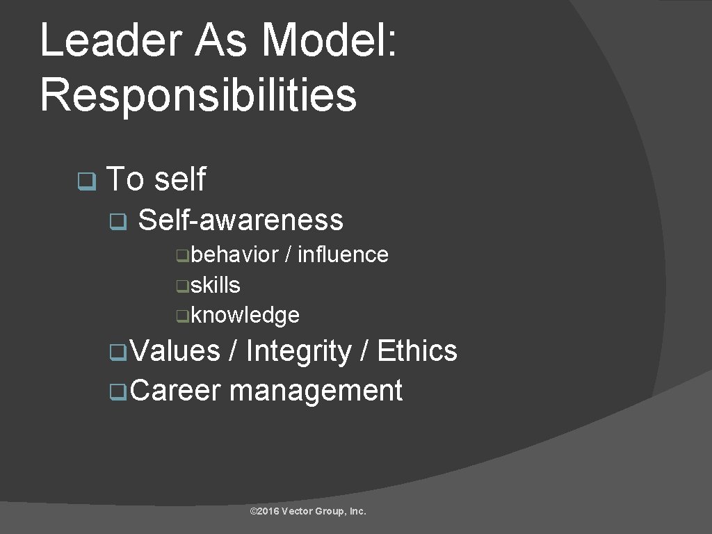 Leader As Model: Responsibilities q To q self Self-awareness qbehavior / influence qskills qknowledge