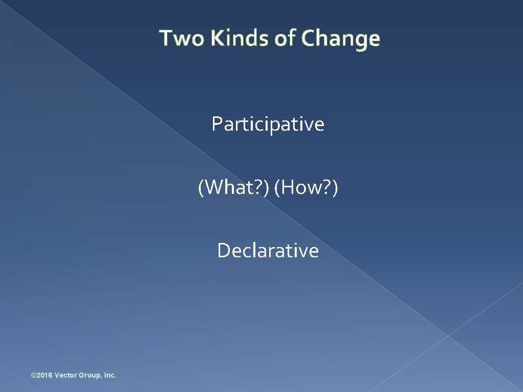 Two Kinds of Change Participative (What? ) (How? ) Declarative © 2016 Vector Group,