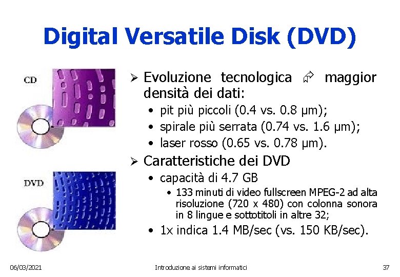 Digital Versatile Disk (DVD) Ø Evoluzione tecnologica maggior densità dei dati: • pit più