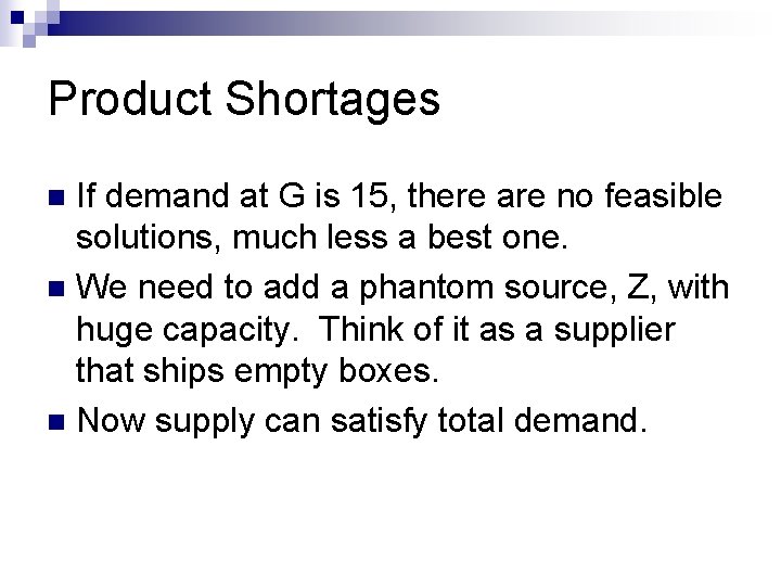 Product Shortages If demand at G is 15, there are no feasible solutions, much