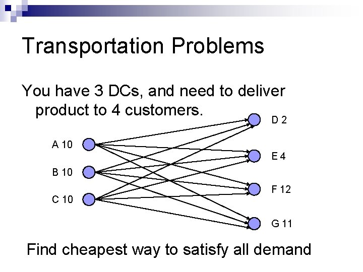 Transportation Problems You have 3 DCs, and need to deliver product to 4 customers.