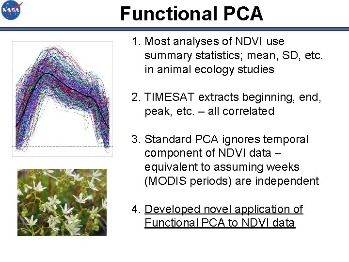 Functional PCA 1. Most analyses of NDVI use summary statistics; mean, SD, etc. in
