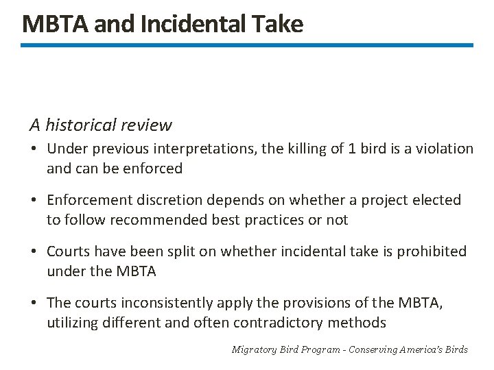 MBTA and Incidental Take A historical review • Under previous interpretations, the killing of