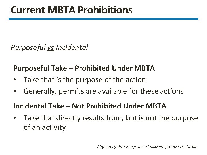 Current MBTA Prohibitions Purposeful vs Incidental Purposeful Take – Prohibited Under MBTA • Take